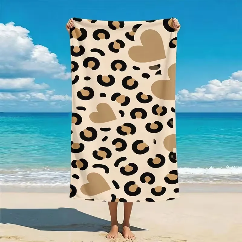 Cute Beige Leopard Print With Brown Hearts Microfiber Beach Towel Portable Towel For Beach Swimming Pool Camping Bath