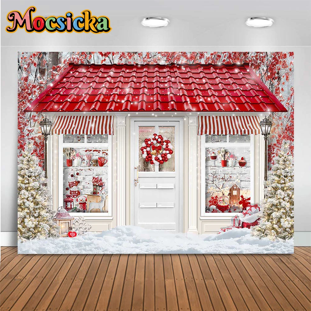 

Mocsicka Christmas Store Backdrop Red Wreath Xmas Tree Snow Studio Photography Background Kitchen Supplies Decor Photobooth Prop