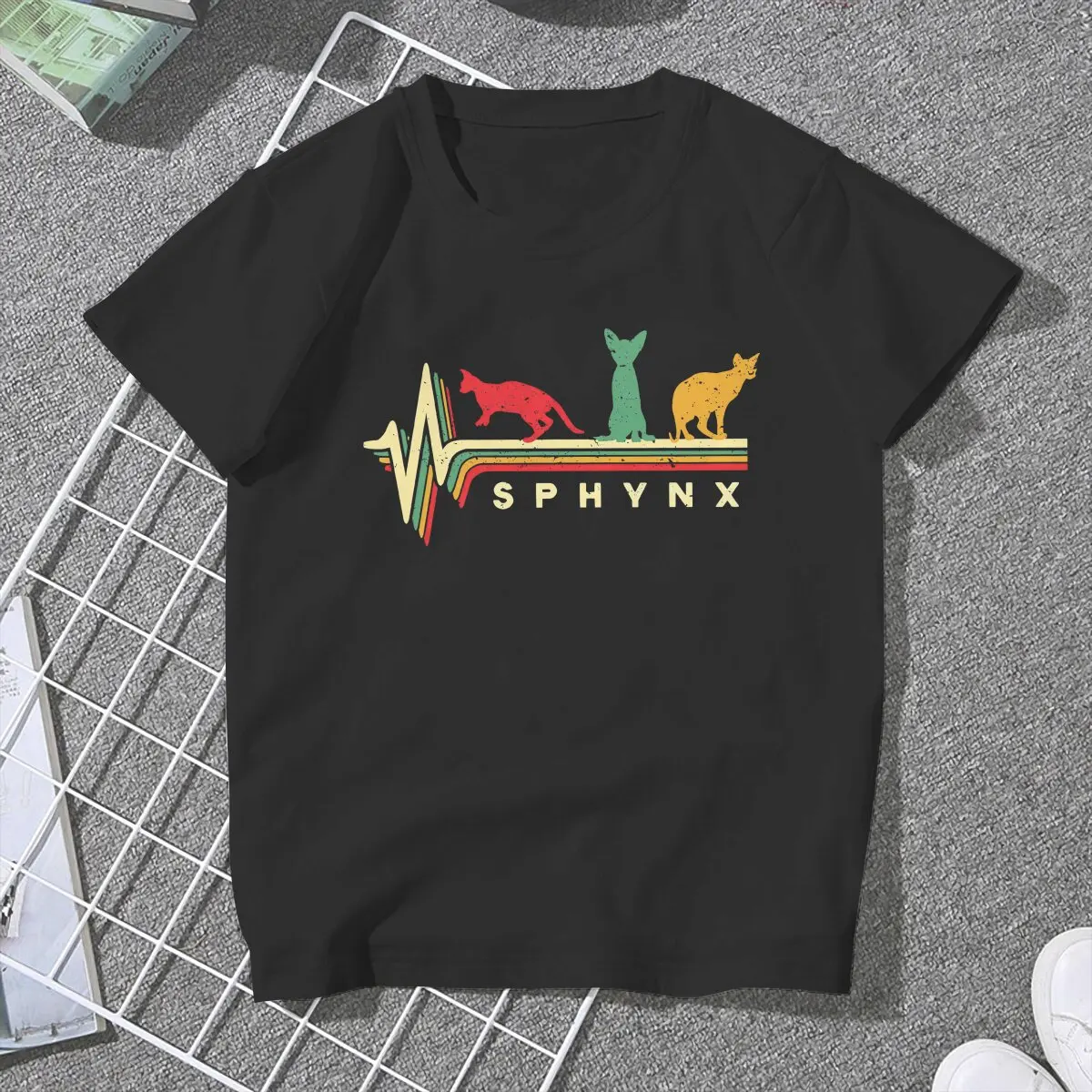 Vintage Heartbeat T-Shirts Women Crewneck T Shirt Sphynx Cat Short Sleeve Tees Classic Clothing