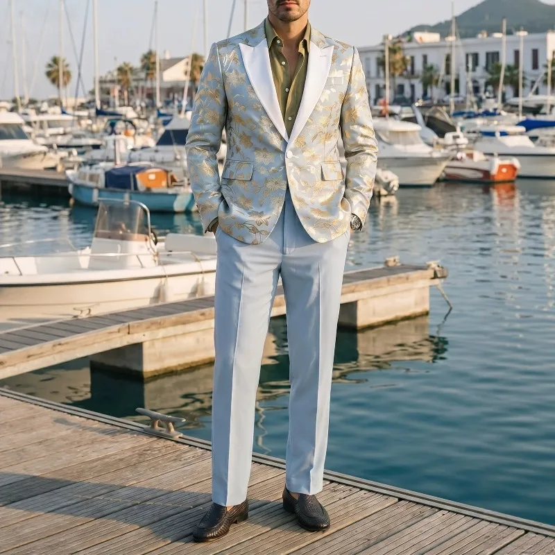 

KIDWHXR Man Suit Outfit Contrast Color Printed Turn Down Collar Blazer Male Straight-leg Pant Men Slim Wedding Party 2-piece Set