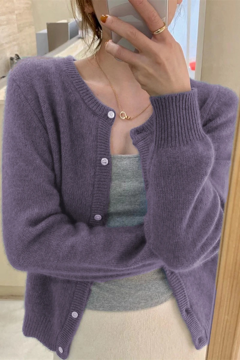 Women's 2023 Fashion New Autumn Sweaters Long Sleeve Solid Color Feminine Coats Round Neck Loose Comfort Casual Knitted Cardigan