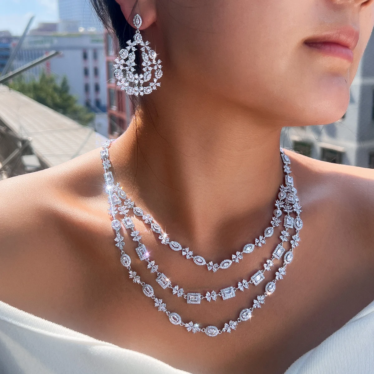 CWWZircons Luxury Shiny Dubai Cubic Zircon Paved Layered Wedding Necklace Earrings Bridal Jewelry Sets Costume Accessories T0681