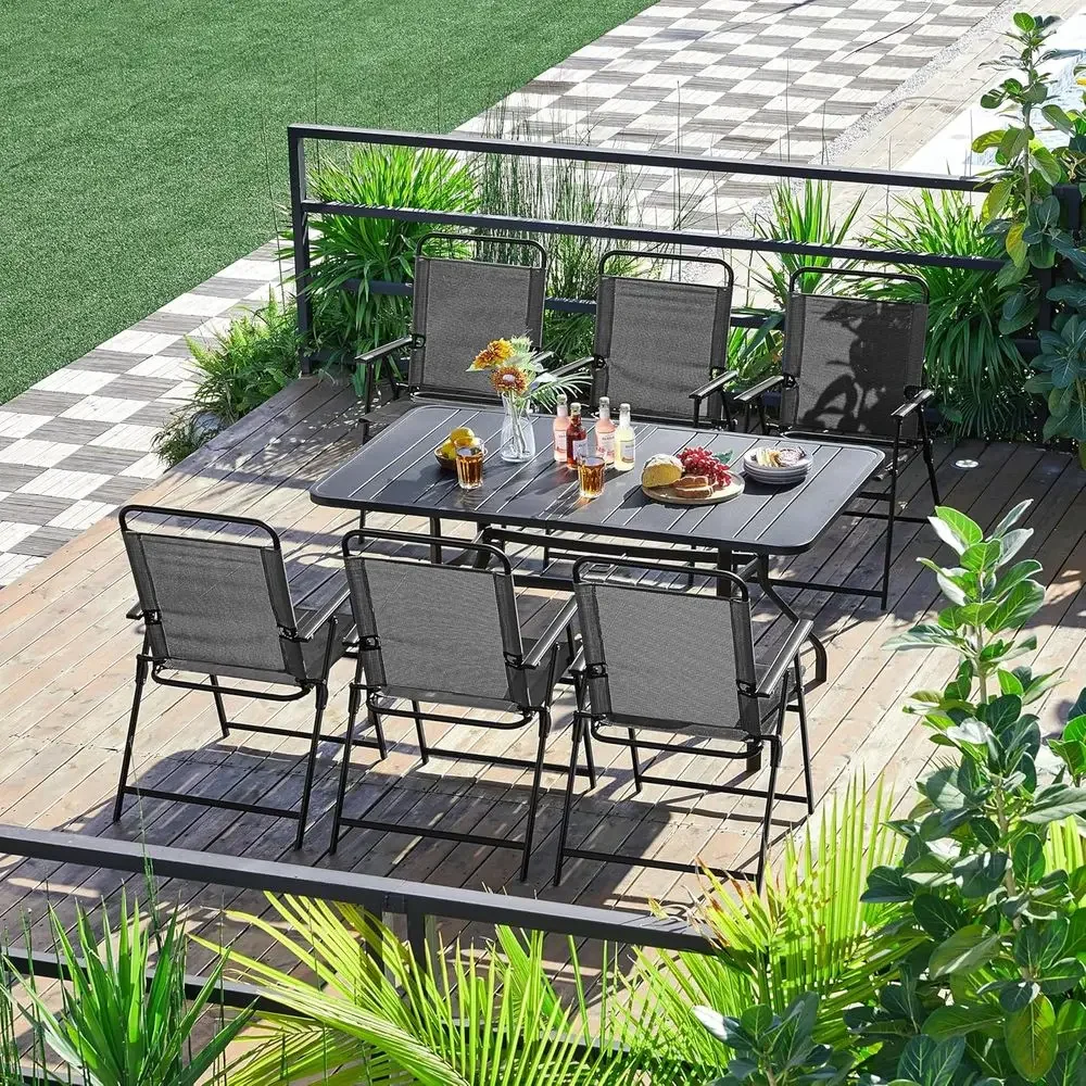 Stackable Outdoor Patio Chairs Set of 4, Portable Lawn Garden Furniture with Metal Frame and Armrests, Black