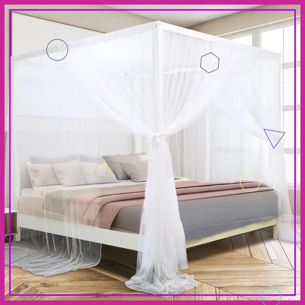 White Bed Canopy Curtains for Queen/King Beds, 4 Corner Design with Ripstop Polyester, Easy Installation