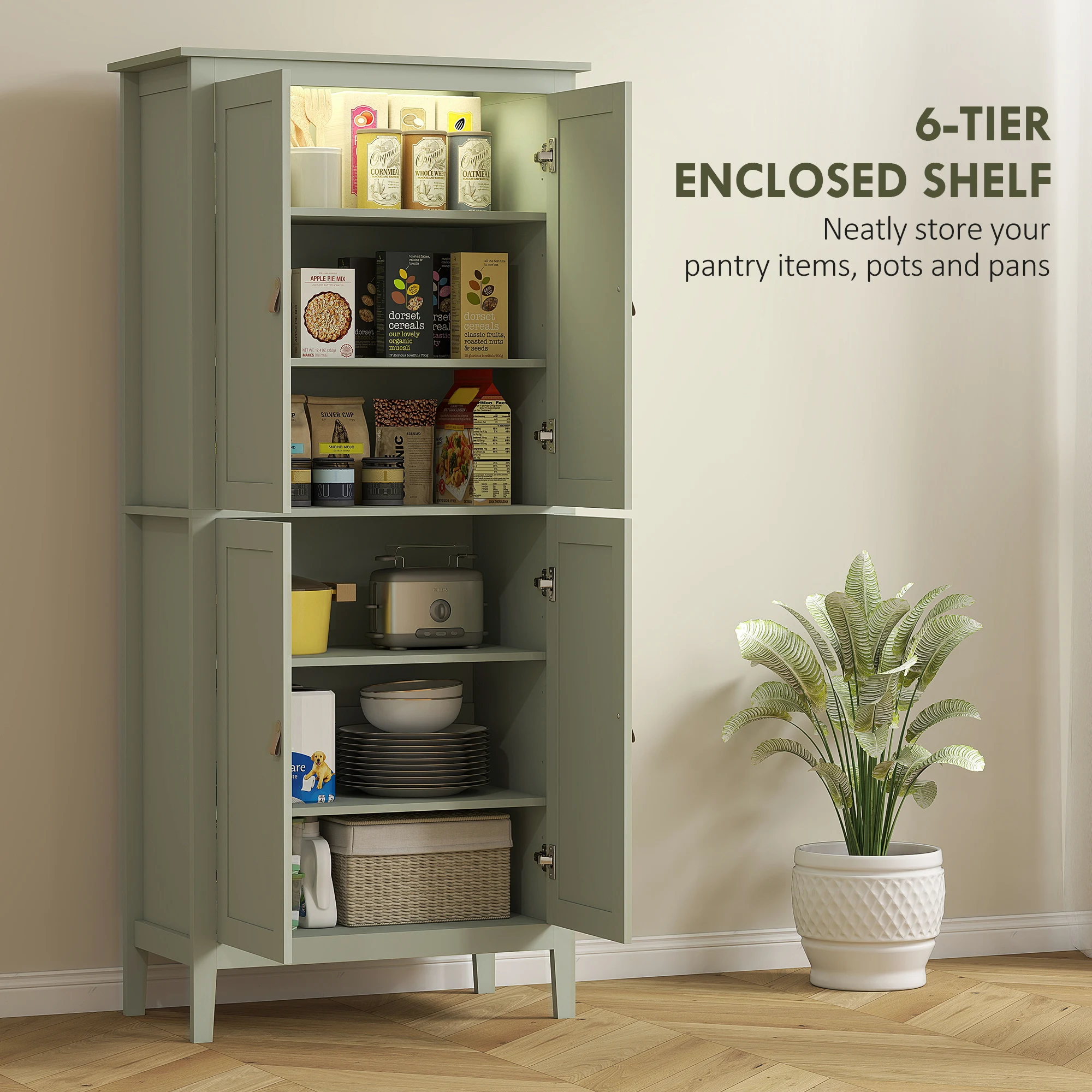 HOMCOM 176.5 cm Tall Freestanding Pantry Storage Cabinet with 4 Doors Green