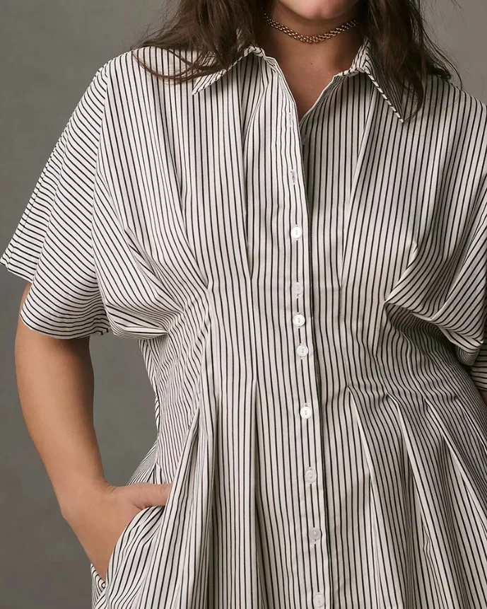 CPSYMYM Womens Dresses Spirng Striped Print Half Sleeve Rucded Front Button Shirt Dress Casual Turn-Down Collar Long Dre