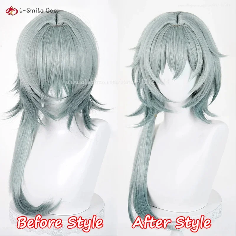 HSR Anaxa شعر مستعار تأثيري 65 سنتيمتر طويل رمادي أخضر مختلط Anaxagoras تأثيري أنيمي ازياء شعر مستعار مقاومة للحرارة الاصطناعية الشعر + غطاء شعر مستعار