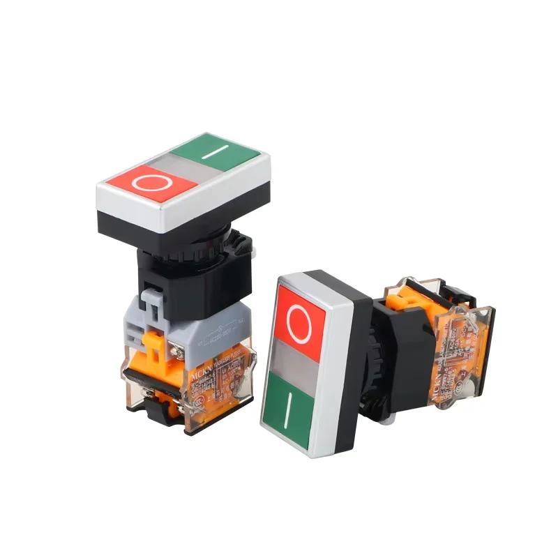 

Self resetting dual head button switch with red and green lights LA38-11D/RG flat head switch 22mm