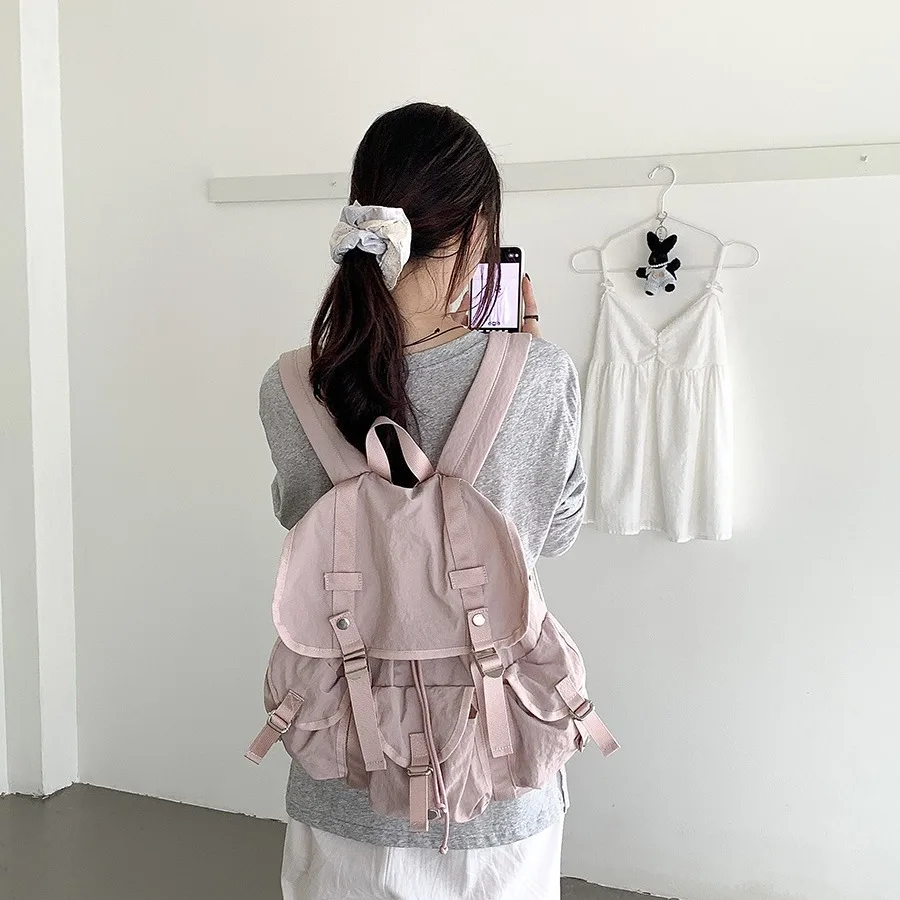 Preppy Style Flap Buckle Muti Pocket Nylon Women Backpack Niche Design College School Women Bags Travel Commuter Girls Backpack