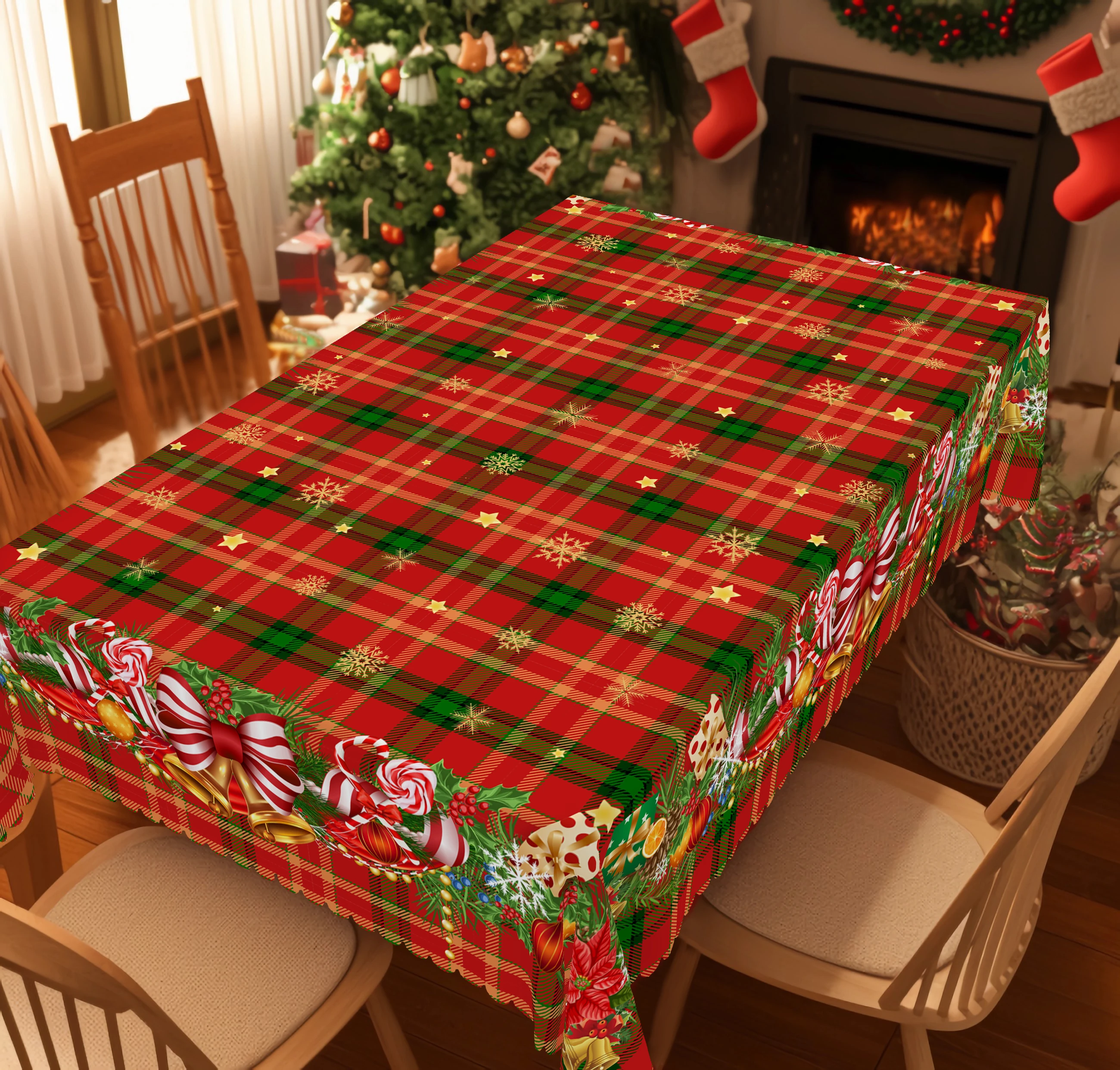 1 Christmas Themed Round and Rectangular Tablecloth, Various Sizes, Christmas Candy Gift Box with Bow Printed Pattern and Red Plaid Design Tablecloth for Daily Home Kitchen, Terrace Use, Gifts