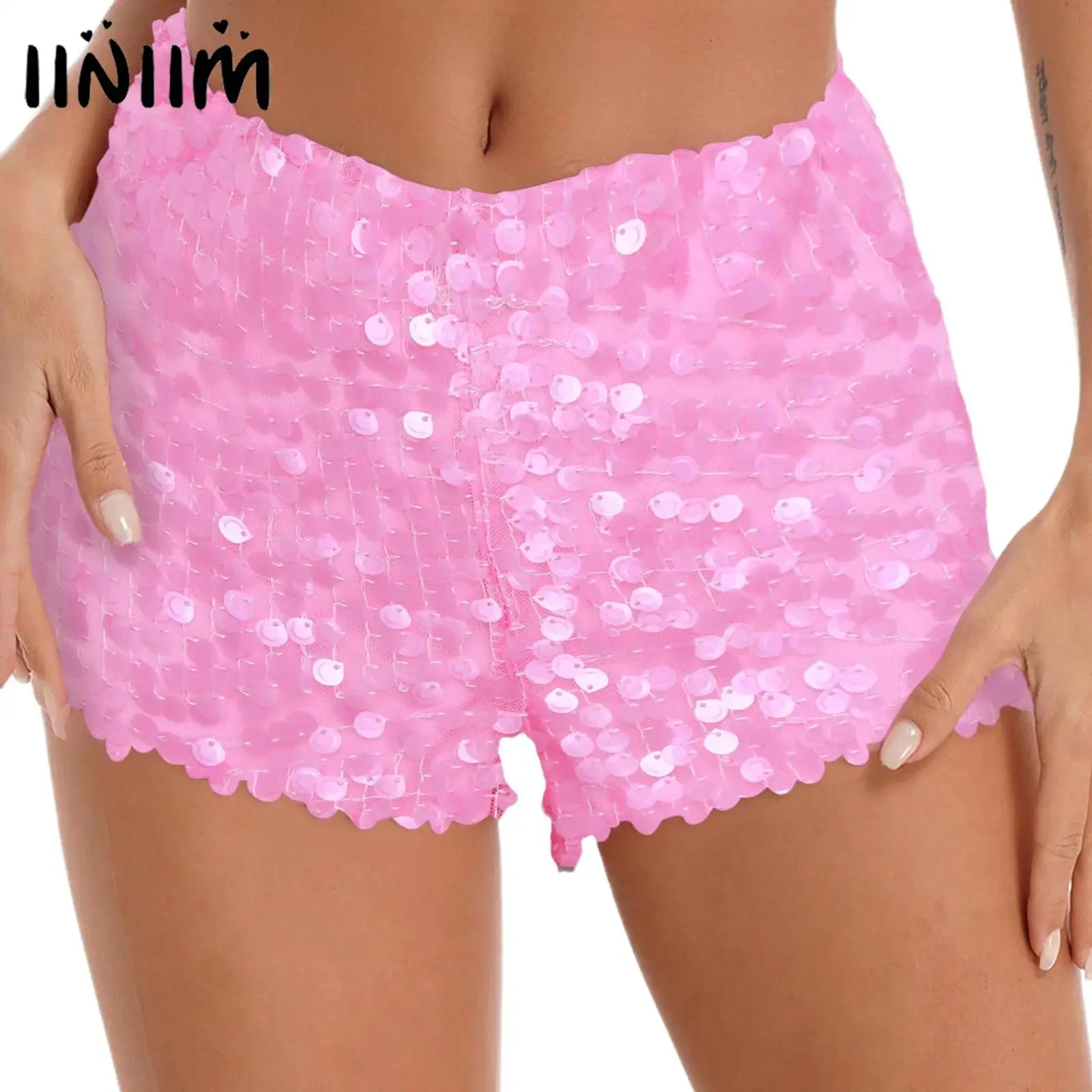 

Женские блестящие шорты с блестками, сетчатый слой с блестками, шорты с полной подкладкой и боковой молнией, шорты с высокой талией для клубной одежды Raves