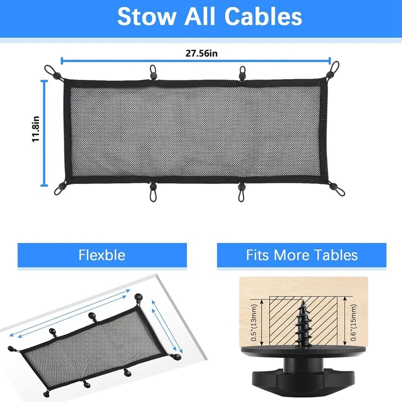 Bandeja De Gerenciamento De Fio De Malha De Poliéster Flexível Preto, Under Desk Cable Management Net Kit