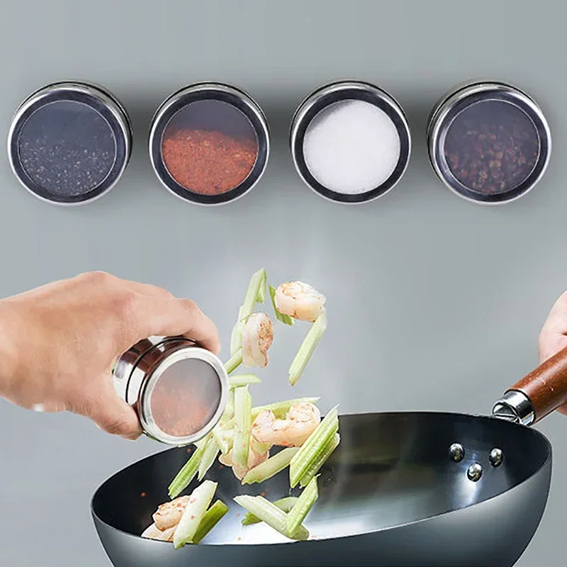 

Magnetic Spice Jars with Wall Mounted Rack 304 Stainless Steel Spice Tins Pepper Seasoning Containers Tools Wipeable Label Set
