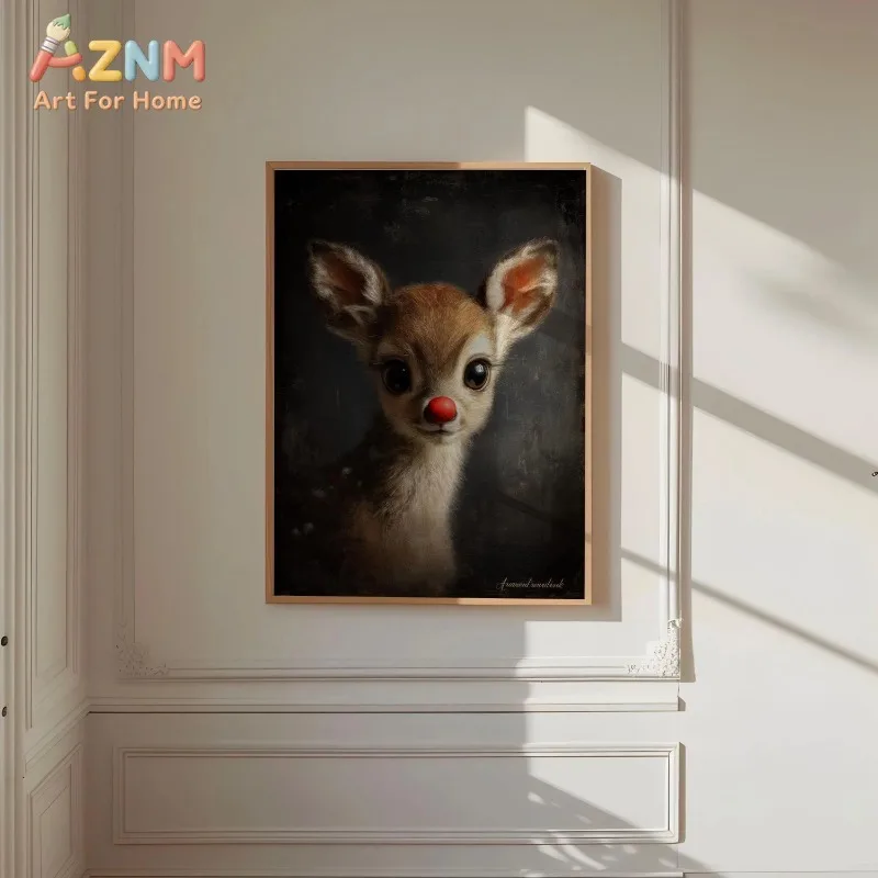 Unframed Canvas Wall Art Cute Red Nose Baby Deer Vintage Print Animal Poster for Living Bedroom Nursery Xmas Holiday Wall Decor