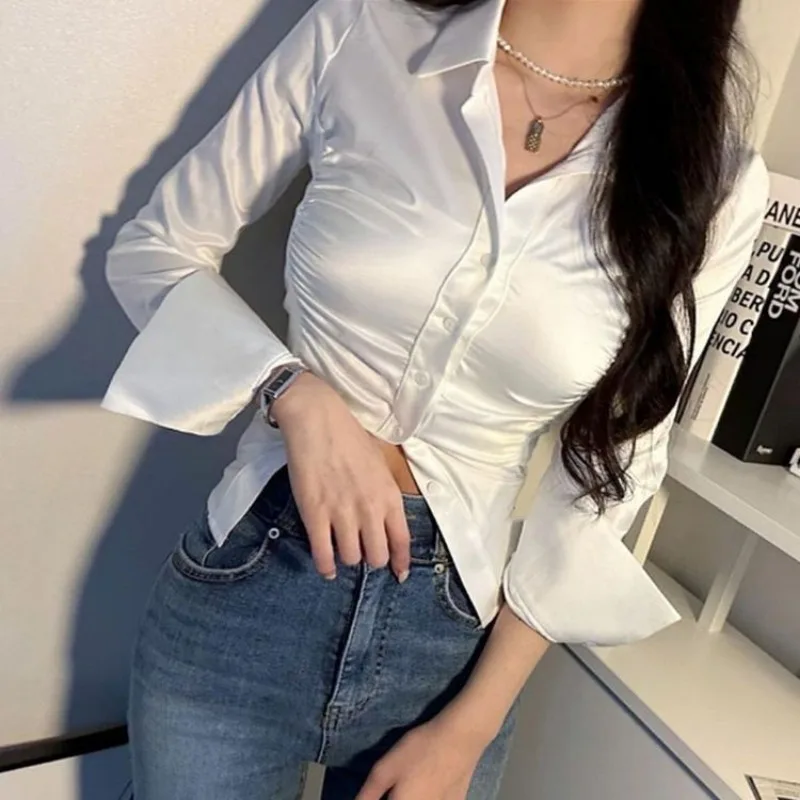 

Women Polo Shirt Korea Streetwear Spring Summer New Temperament Self Cultivation Fold Lapel Collar Tight Fitting Sexy Chic