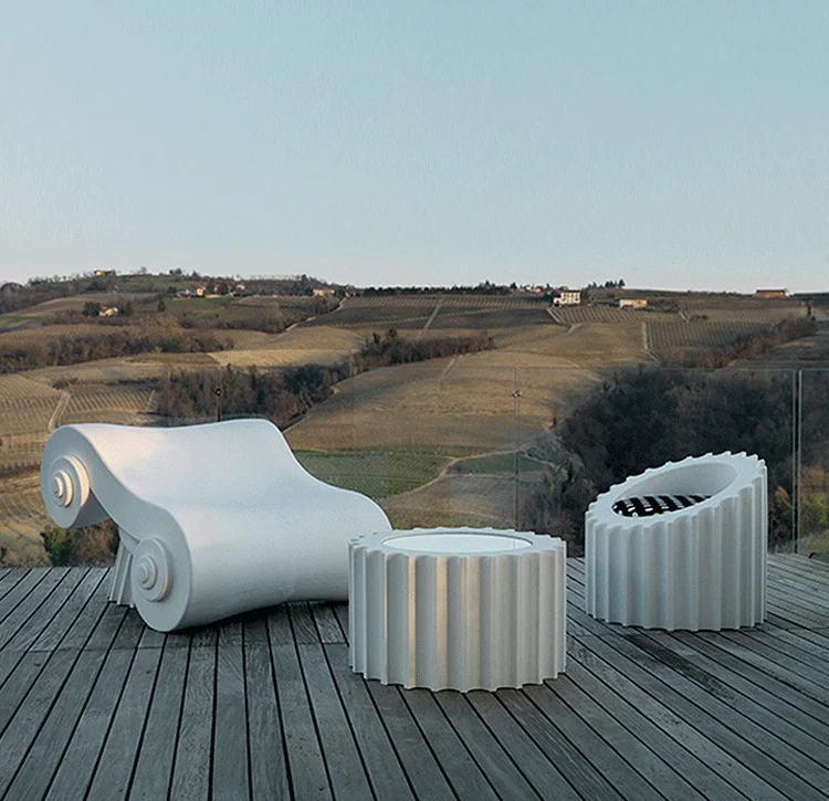 

Classic Vintage Roman Column Fiberglass Gear Coffee Table Lounge Chair Shaped Lounge Chair Hotel Villa Park