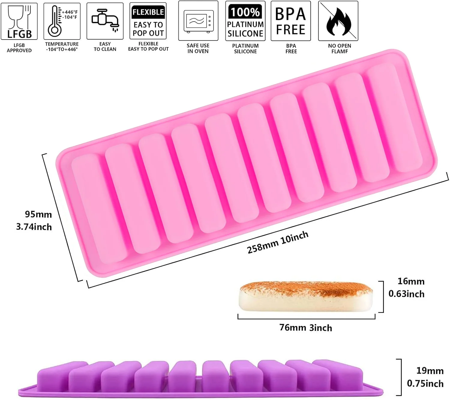 1pcs 10 Cavity Chocolate Long Strips Silicone Finger Shaped Cookie Candy Molds Rectangular Ice Cube Cake Baking Tools