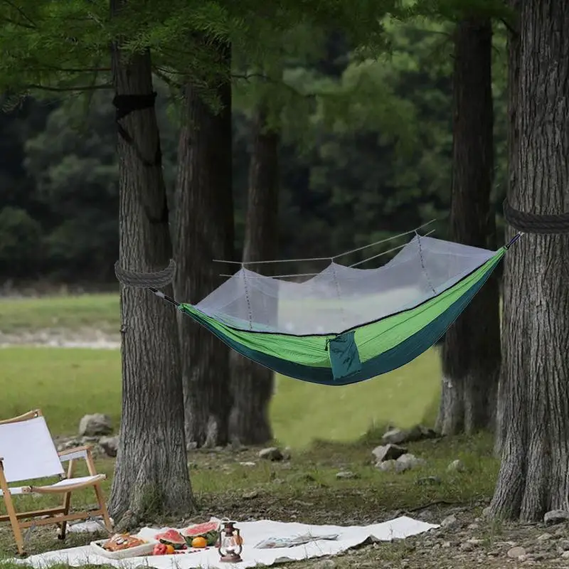 Netz-Camping-Hängematte, einfach aufzubauen, tragbare Campingausrüstung für Reisen, einfach aufzubauen, reisefreundliche, atmungsaktive Campingausrüstung, robust