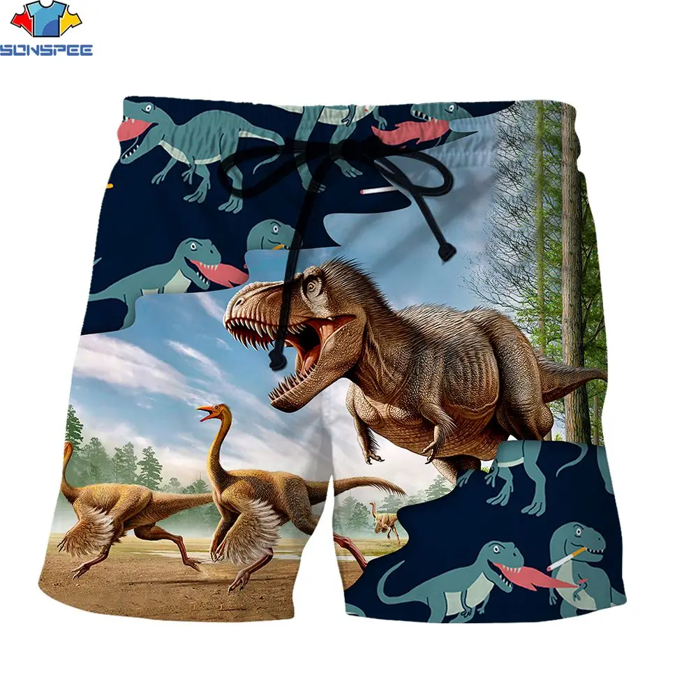 SONSPEE 3D Print Dinosaur Paradise Men's Beach Shorts Tyrannosaurus Rex Cartoon Funny Style Summer Travel Outdoor Casual Shorts