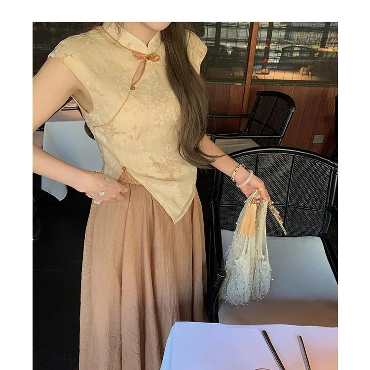 

New Chinese Sle Women's ort Sve irt And High Waist Skirt Two-Piece Set MKOK Lu Life Thiening Ensemble