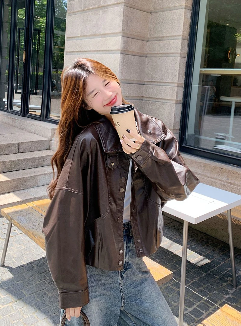 Women Faux Leather Jacket Stand Collar Snap Button Coat Oversized Drop Shoulder Bomber Y2K Retro Streetwear Autumn Outerwear Top