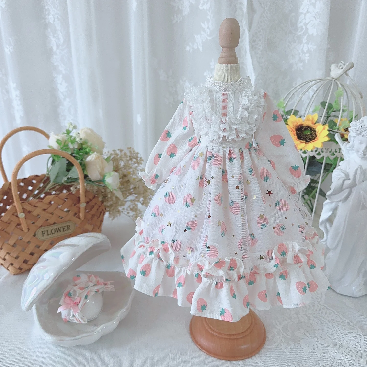 BJD Doll clothes suitable for  1/3 1/4 1/6 size white lace strawberry long sleeve dress doll accessories