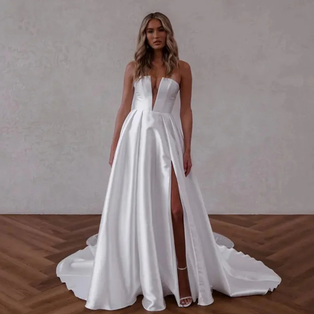 

High quality V-neck A line Satin Wedding Dresses Side Slit With Detachable Beaded Sleeves Bridal Grown Vestido De Noival