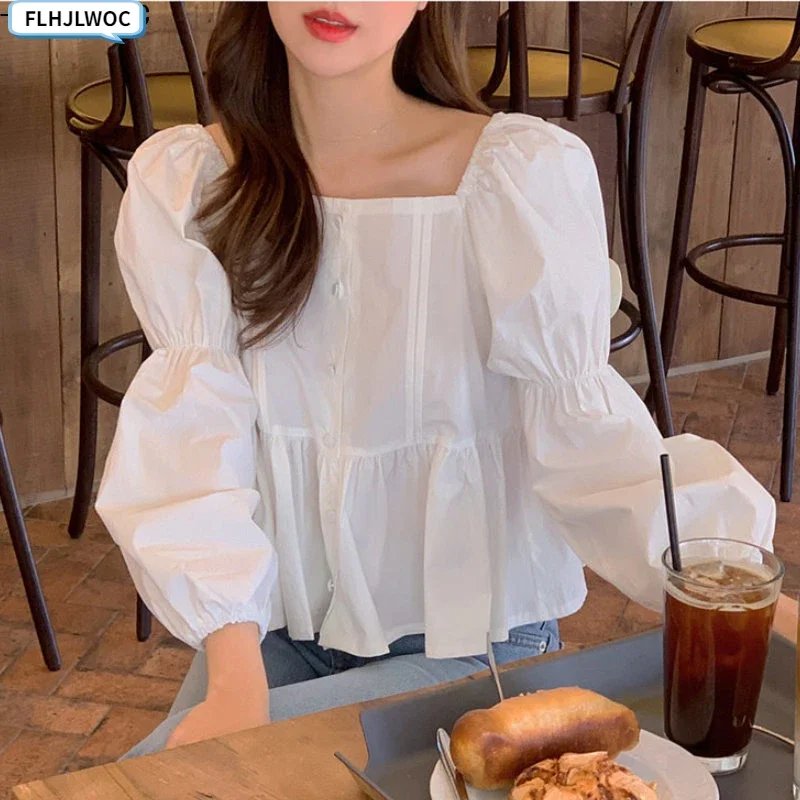 Chic Korea Vierkante Hals Tops Blusas Vrouwen 2025, Lente Leuke Japan Meisjes Effen Kleur Wit Een Lijn Buik Peplum Korte Shirts Blouses