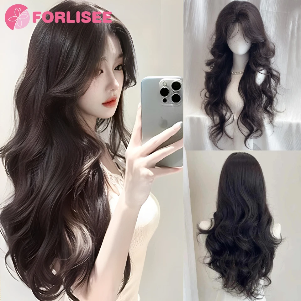 

Long Body Wave Brown Black Cosplay Wigs Heat Resistant Synthetic Wigs Bangs Natural Lolita Wigs For Women Halloween LM