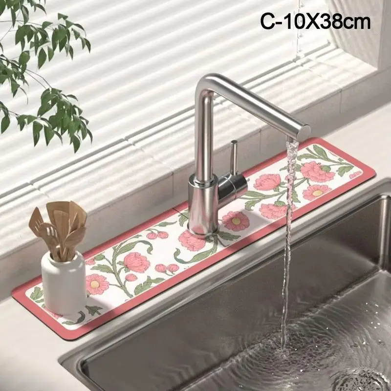 VIKAMA Vintage Floral Geometric Faucet Mat Diatomite Super Absorbent Non Slip Kitchen Sink Tap Splash Water Draining Pad