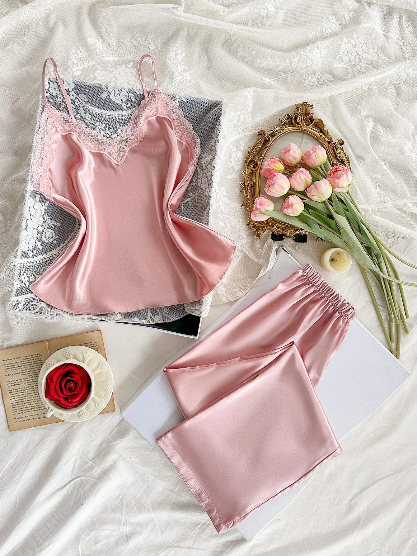 

2 pieces lace stitching simple fashion suspender trousers Women's pajamas set