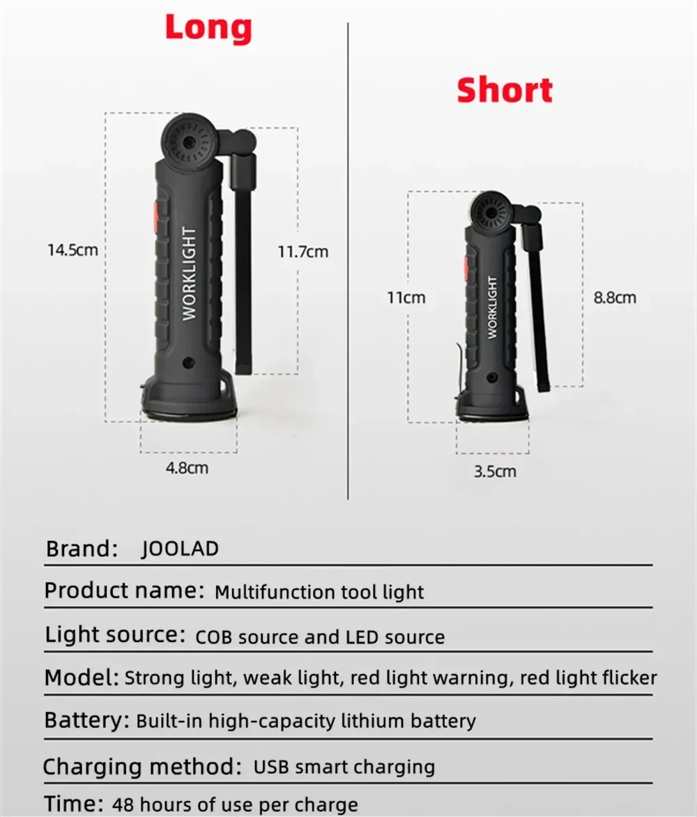 Luz LED de trabajo COB, linterna LED recargable por USB regulable, lámpara de inspección con gancho magnético, Banco de energía, linterna de batería 18650