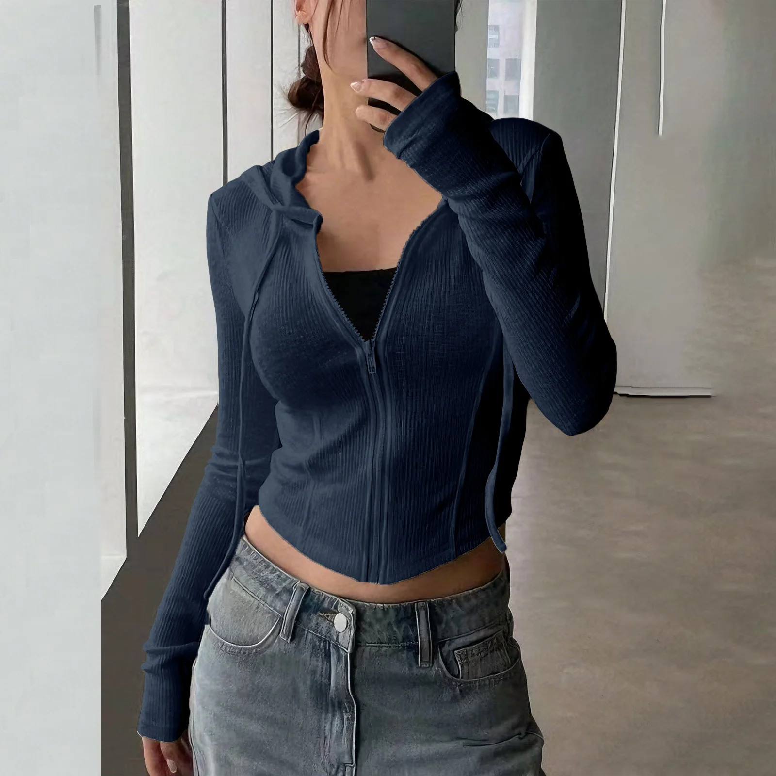 Sudadera deportiva ajustada de punto corto con capucha, cárdigan a la moda para mujer, suéter con capucha de Color sólido para invierno, suéter para mujer