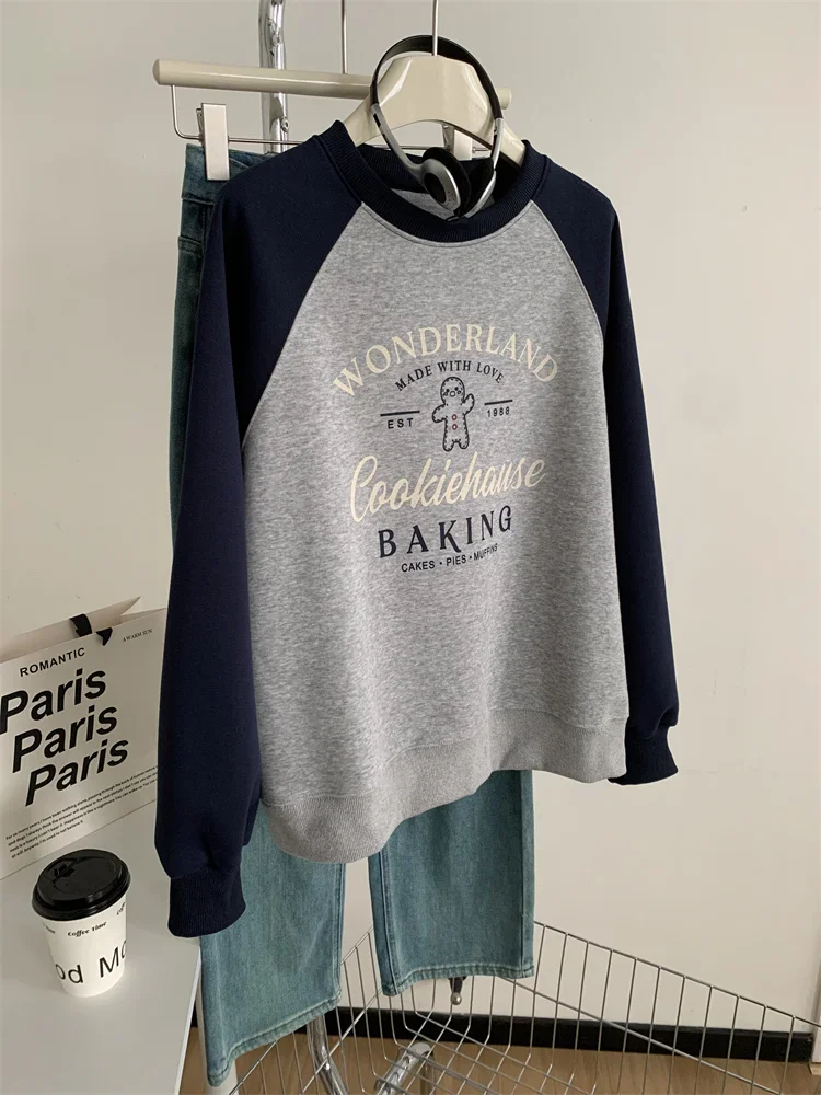 LangMao Contrasting Letter Printed Pullover Hoodie For Women Spring Autumn Color Blocked Sweatshirt