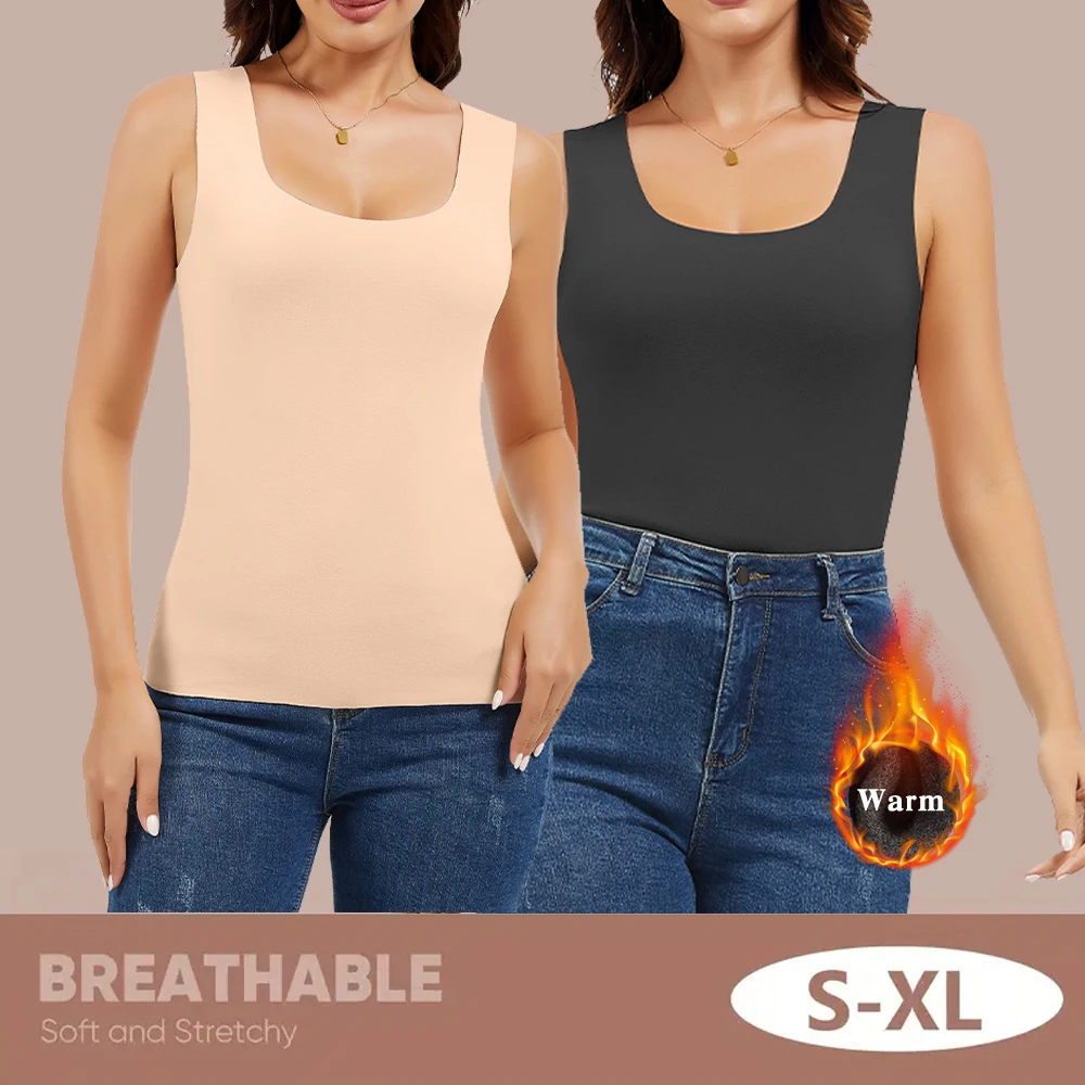 Thermal Tank Top for Women Fleece Lined Thermal Sleeveless Tops Wide Shoulder Straps Warm Base Layer Vest Cold Weather