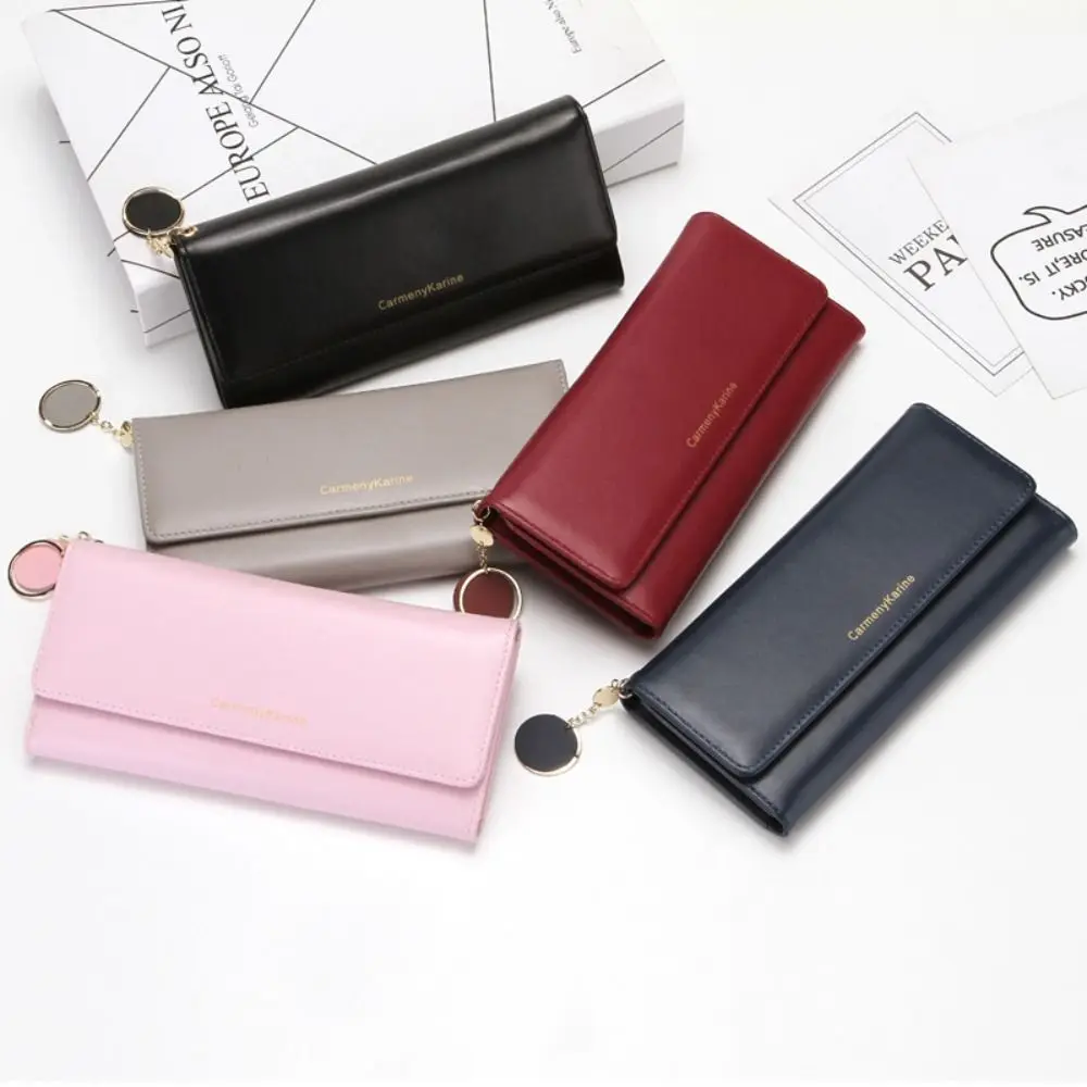 Portable Leather Long Wallet Multi-layer Solid Color Women Tri-fold Wallet Coin Purse Multifunctional PU Card Holder Daily