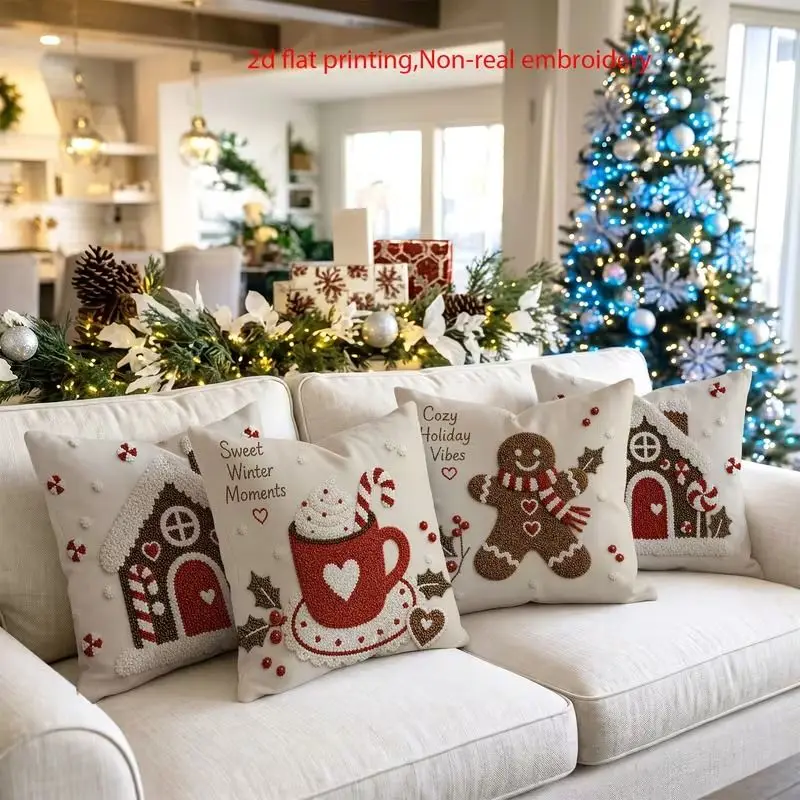 VIKAMA Christmas Pillowcase, Snowman and Christmas Tree with “Hello Winter, Let It Snow” Print, Sofa Holiday Home Decor