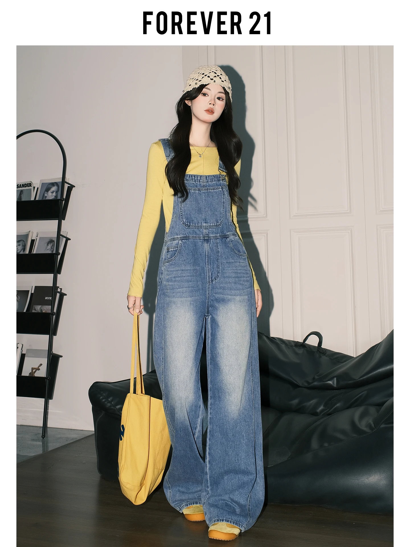 

Forever 2 American Sle Loose Wide Leg Denim Overalls Women's Light Blue High Waist Straight Cut Spring Youthful