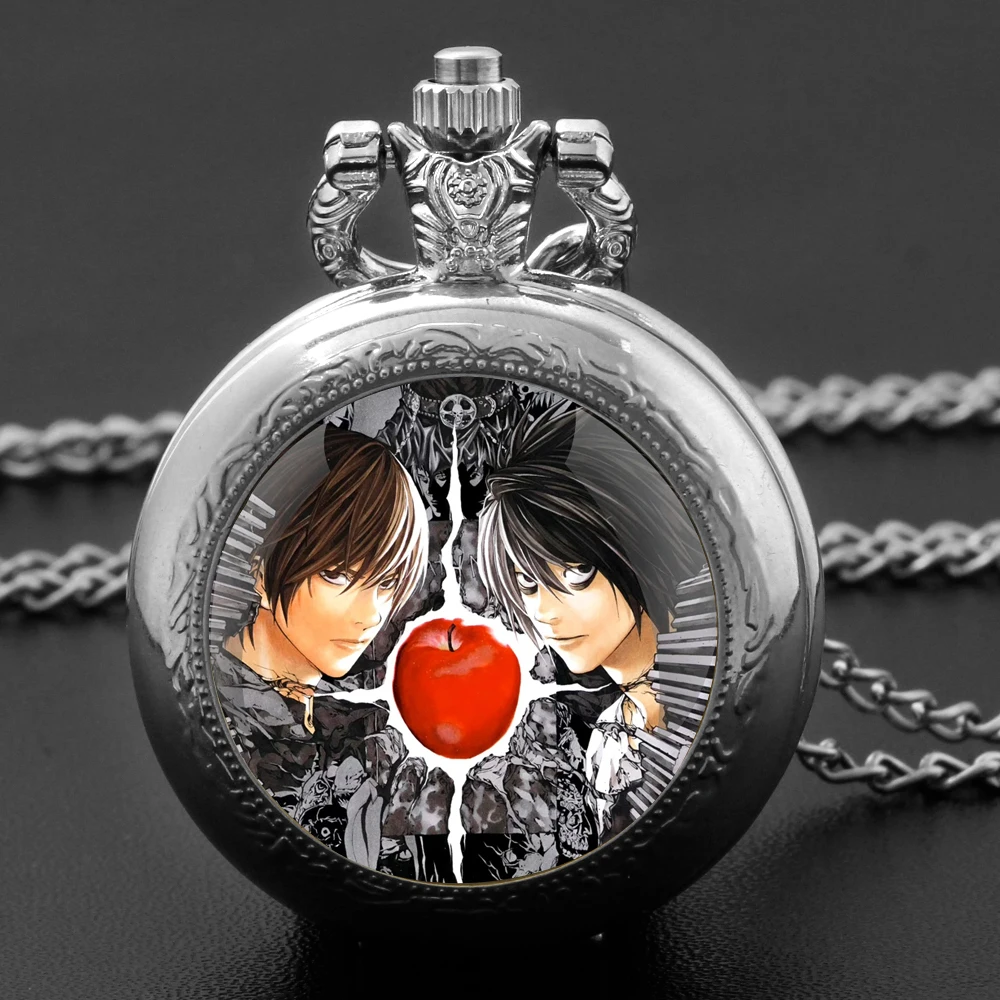 Death Note Design Glass Dome Quartz Pocket Watch With Durable Chain Arabic Numeral Dial For Men And Women Creative Gifts