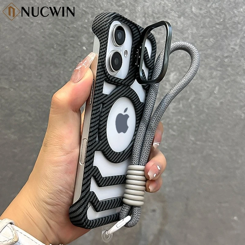 

Fashion Carbon Fiber Texture Magnetic Case For iPhone 12 13 14 15 16 Pro Max Logo Hole With Lanyard Lens Holder Frameless Cover