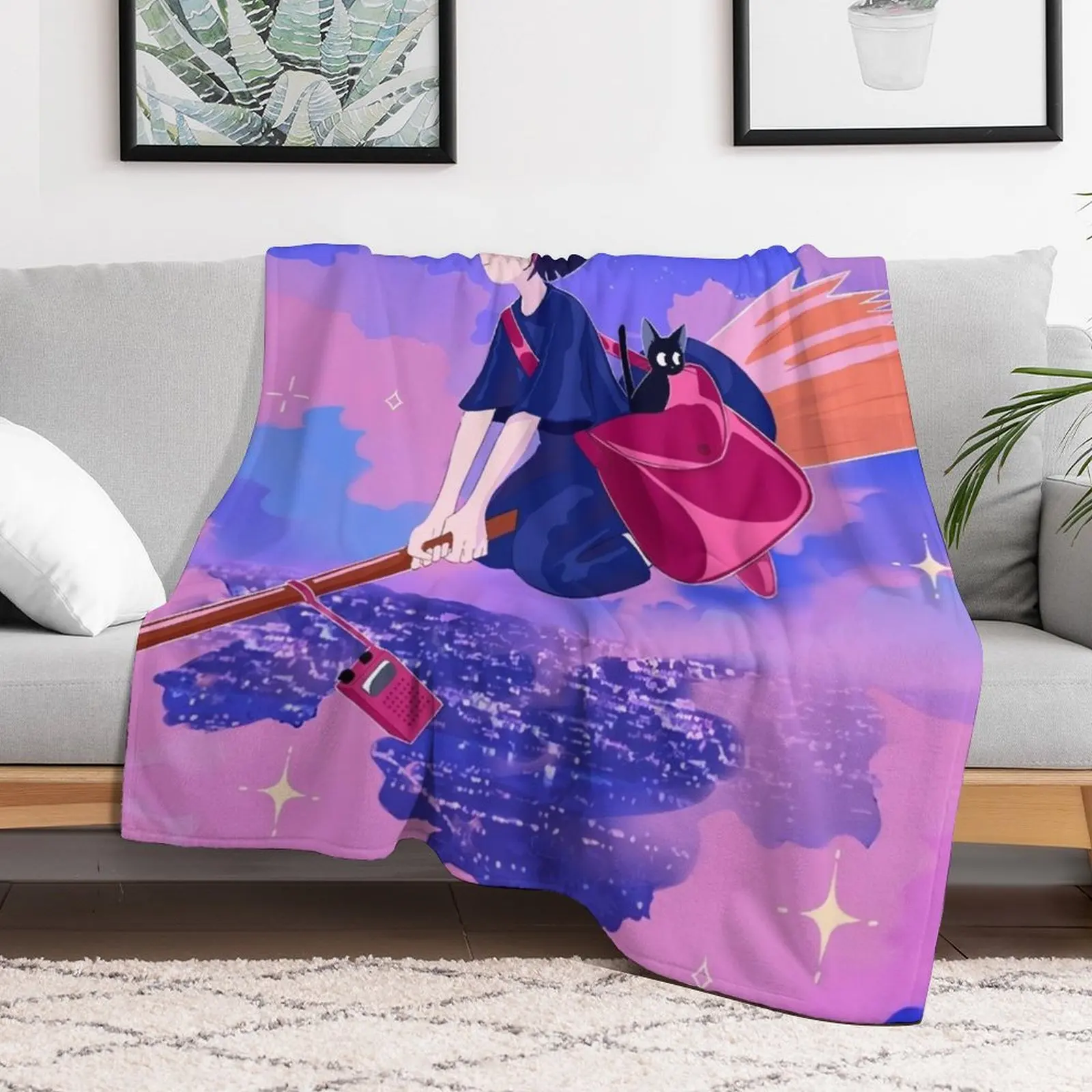 nights Cute kawaii art girl kiki's go -%[ghiblis]%- flying away anime Throw Blanket Shaggy Extra Large Throw Sofas Blankets