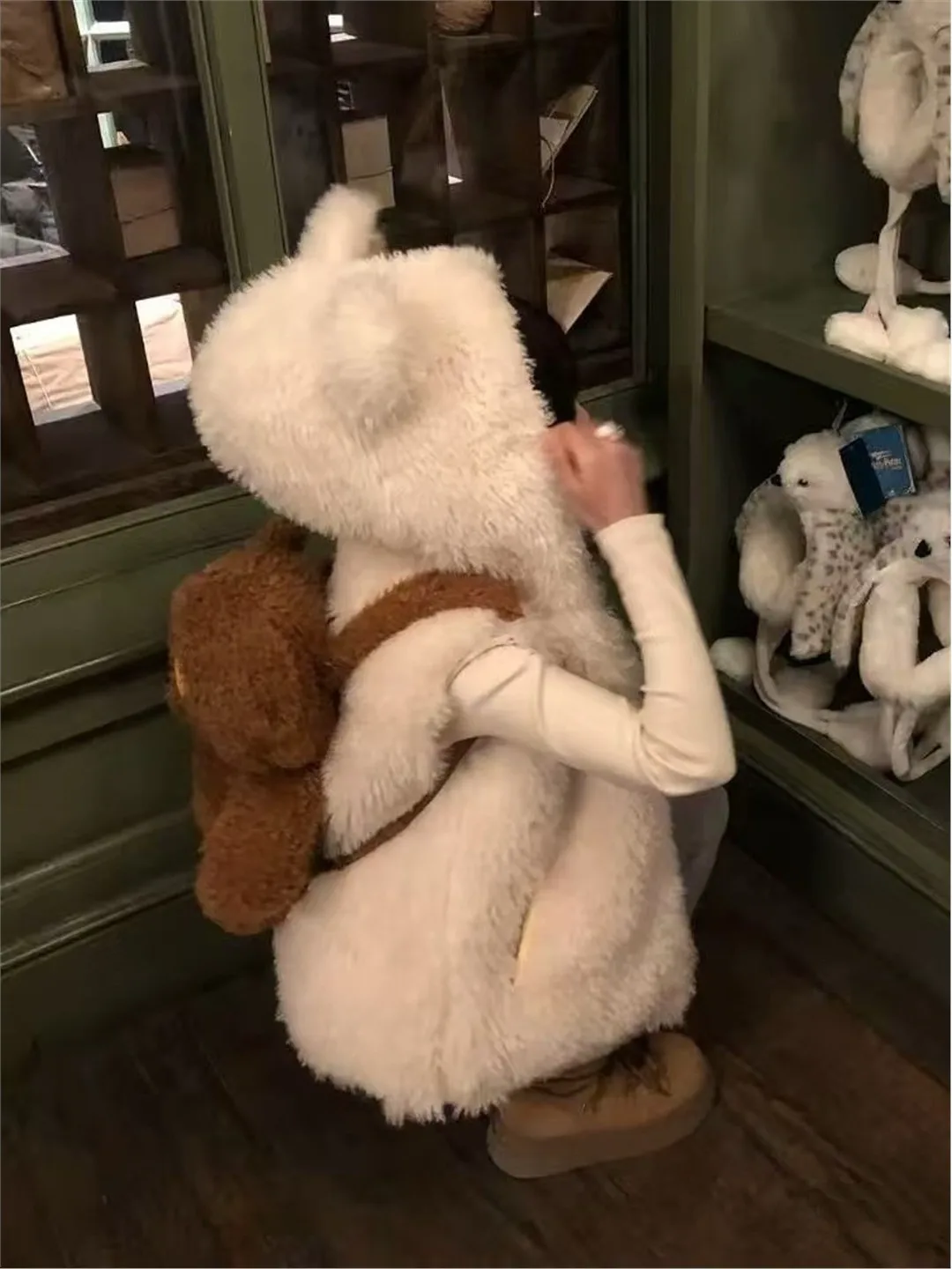 

Cute Bear Ear Hooded Lamb Fur Jacket Women's Full Fur Vest Outerwear Warmth Pure Color Back Fur Long Sleeve Thickened Zipper