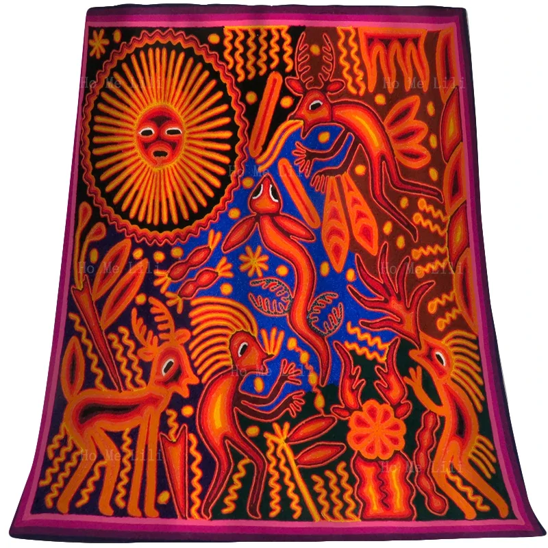 Mexican Indigenous Art Huichol Yarn Deer Tiger Panther Beaded Style Animal Ethnic Folk Soft Cozy Flannel Blanket