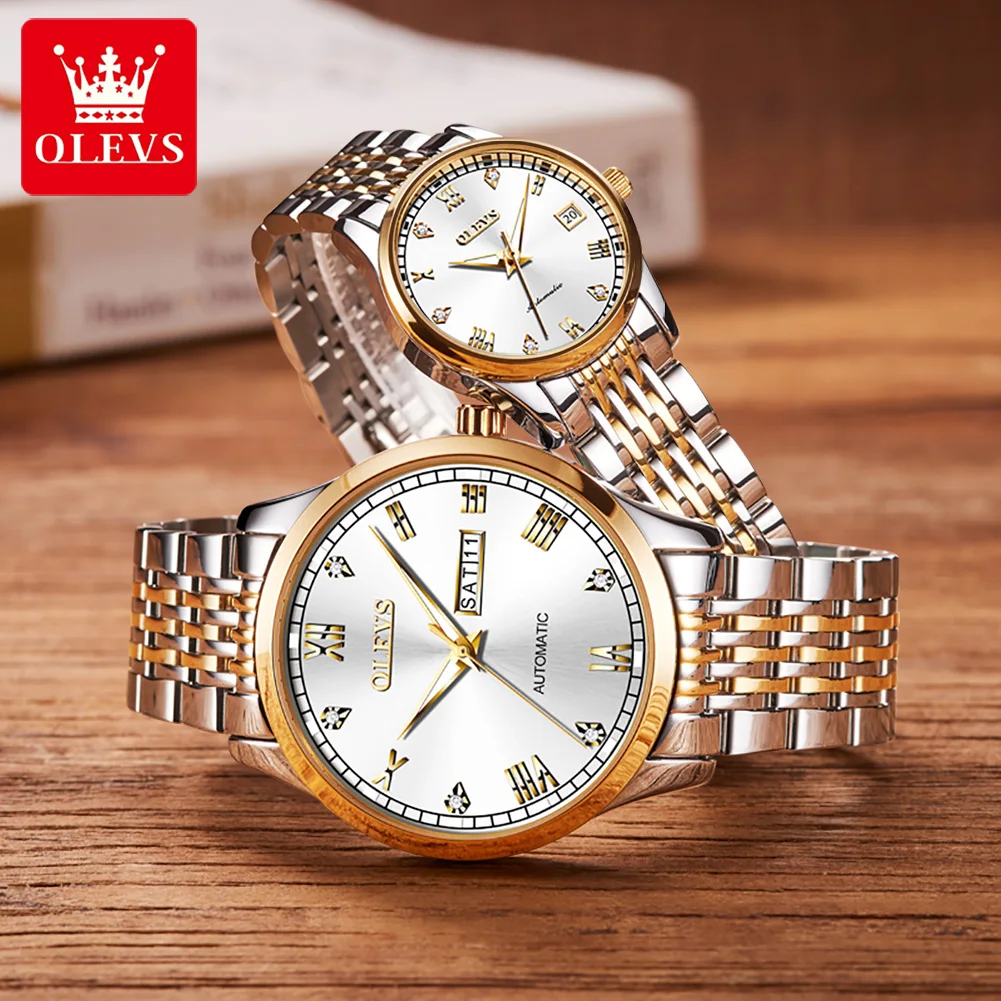 OLEVS Luxury Brand Couple Watch for Men Women Automatic Mechanical Wristwatch Waterproof Stainless Steel Lover's Watches Gifts