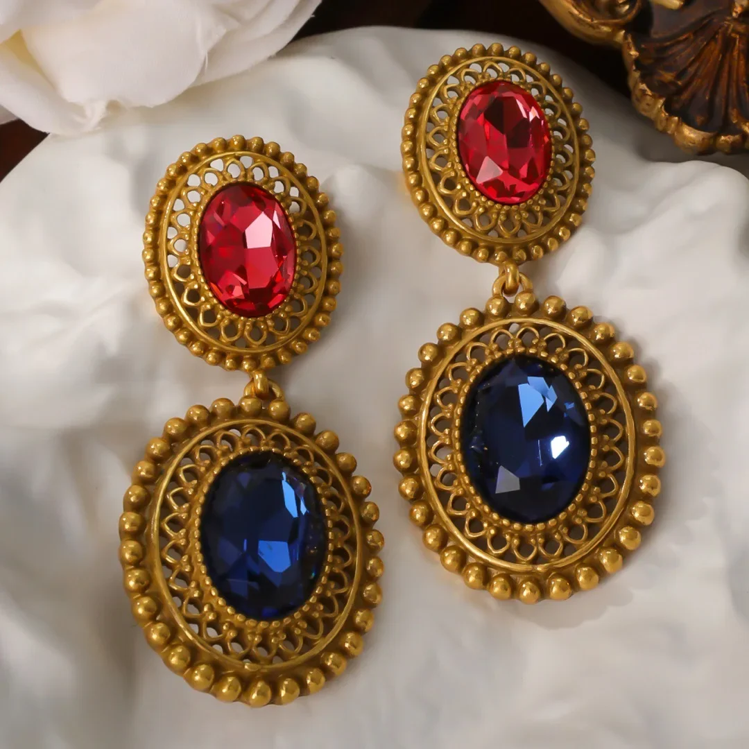 Vintage 2024 Spring and Summer New Earrings Red and Blue Inlaid Gemstone Large Earrings