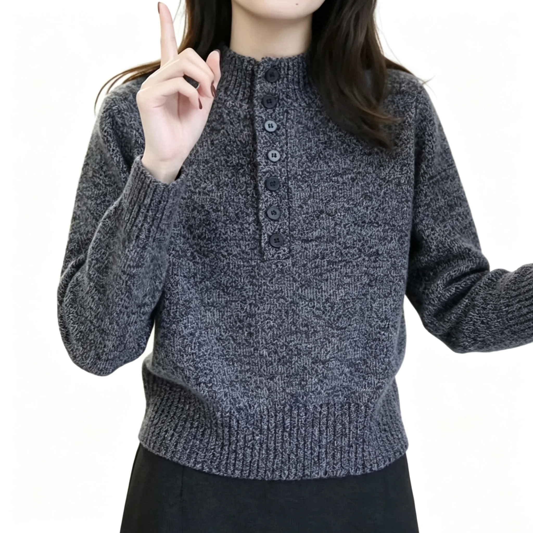 Women Elegant Luxury Knit Sweater Long‑Sleeve Half Button‑Down Marled Knit Cropped Jumper Casual Autumn Warm Pullover Top Ladies