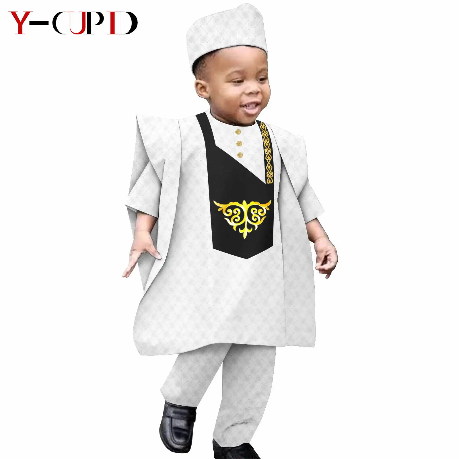 Africa Clothing Bazin Riche Boy Outfit Muslim Sets Shirt Pant Robes Cap Kids Children Suits Agbada Traditional Outwear Y234013