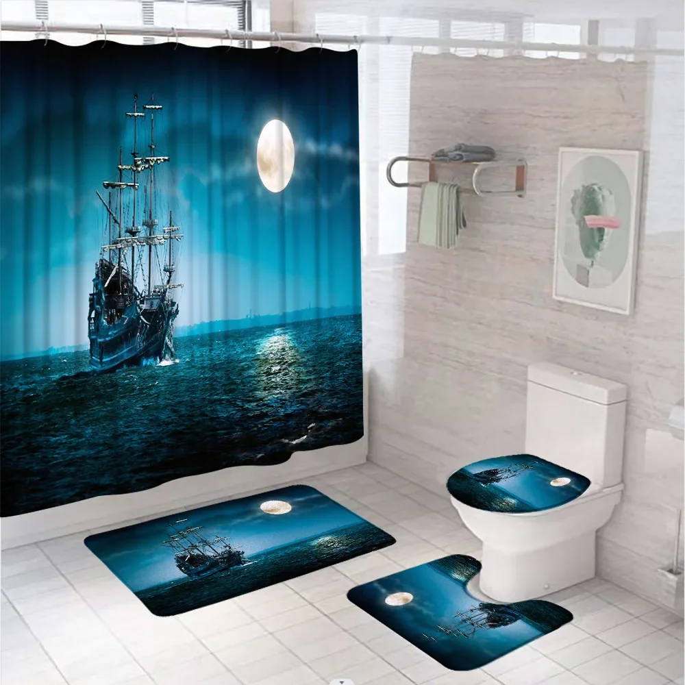 4Pcs Nautical Sailboat Shower Curtain Set Ocean Sea Wave Scenery Bathroom Curtains Non Slip Carpet Bath Mat Rug Lid Toilet Cover