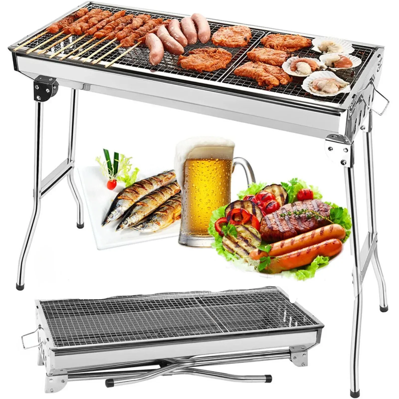 

US BBQ Charcoal Barbecue Grill Stainless Steel Folding Camping Yard Portable