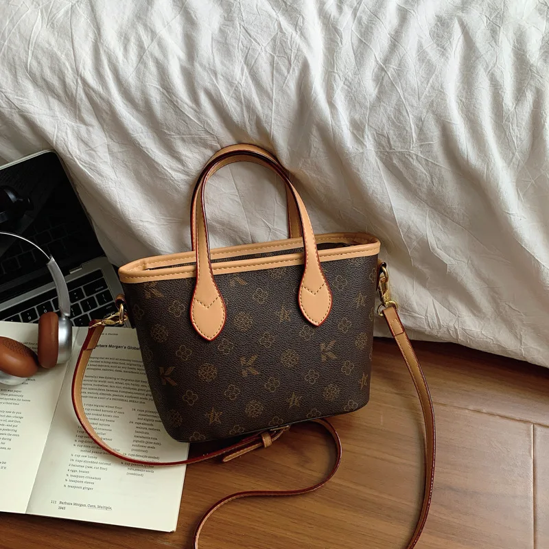 Women Vintage Monogram Mini Tote Bag, Retro Printed PU Leather Handbag, Top Handle Crossbody Shoulder Bag, 2 Colors Available